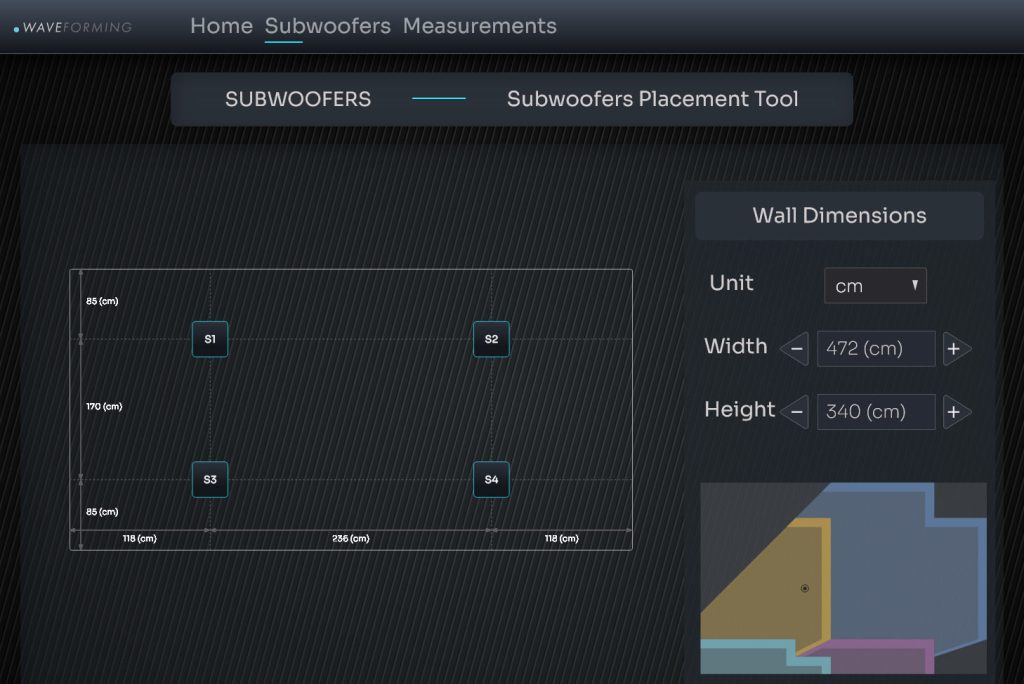 Trinnov WaveForming Design Tool: hier die Platzierung und Zahl der Subwoofer abhängig von den Wandmaßen (Foto: R. Vogt)